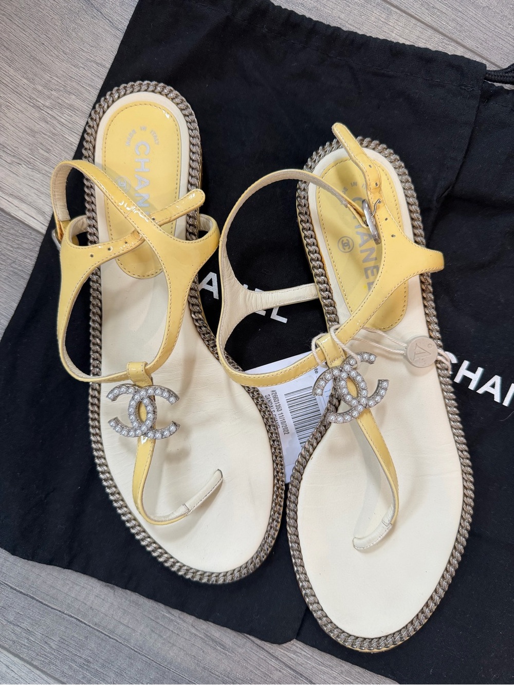 CHANEL Yellow Crystal CC T-Strap Sandals